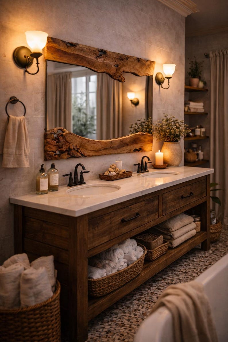 May include: A rustic bathroom vanity with a live-edge wooden mirror, double sinks, and a marble countertop. The vanity is made of dark wood and features drawers and open shelving with baskets and towels. Two sconces provide warm lighting.