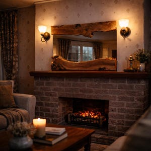 May include: A cozy living room scene featuring a brick fireplace with a lit fire. Above the fireplace is a large, rustic wooden mirror. The room is illuminated by warm lighting from wall sconces and a candle on a wooden coffee table.