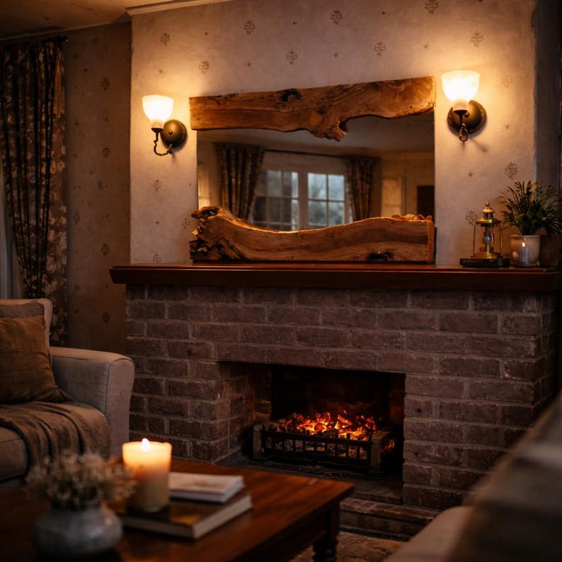 May include: A cozy living room scene featuring a brick fireplace with a lit fire. Above the fireplace is a large, rustic wooden mirror. The room is illuminated by warm lighting from wall sconces and a candle on a wooden coffee table.