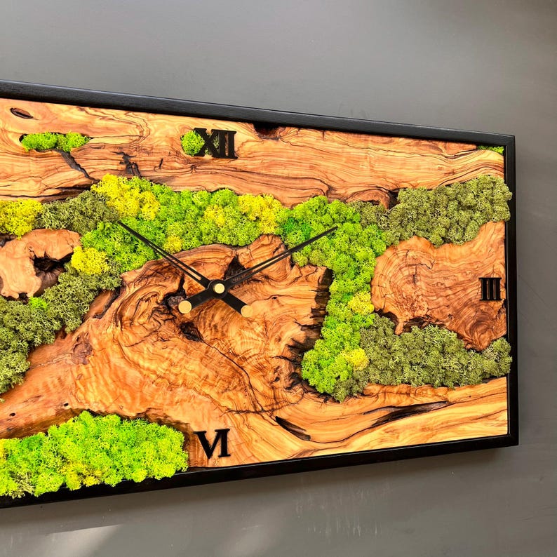 Olive Wood Moss Wall Clock, Rectangular Handmade Wooden Clock Decor - Etsy