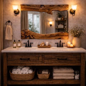 Rustic wall mirror made from natural olive wood adding organic home decor style to interior space