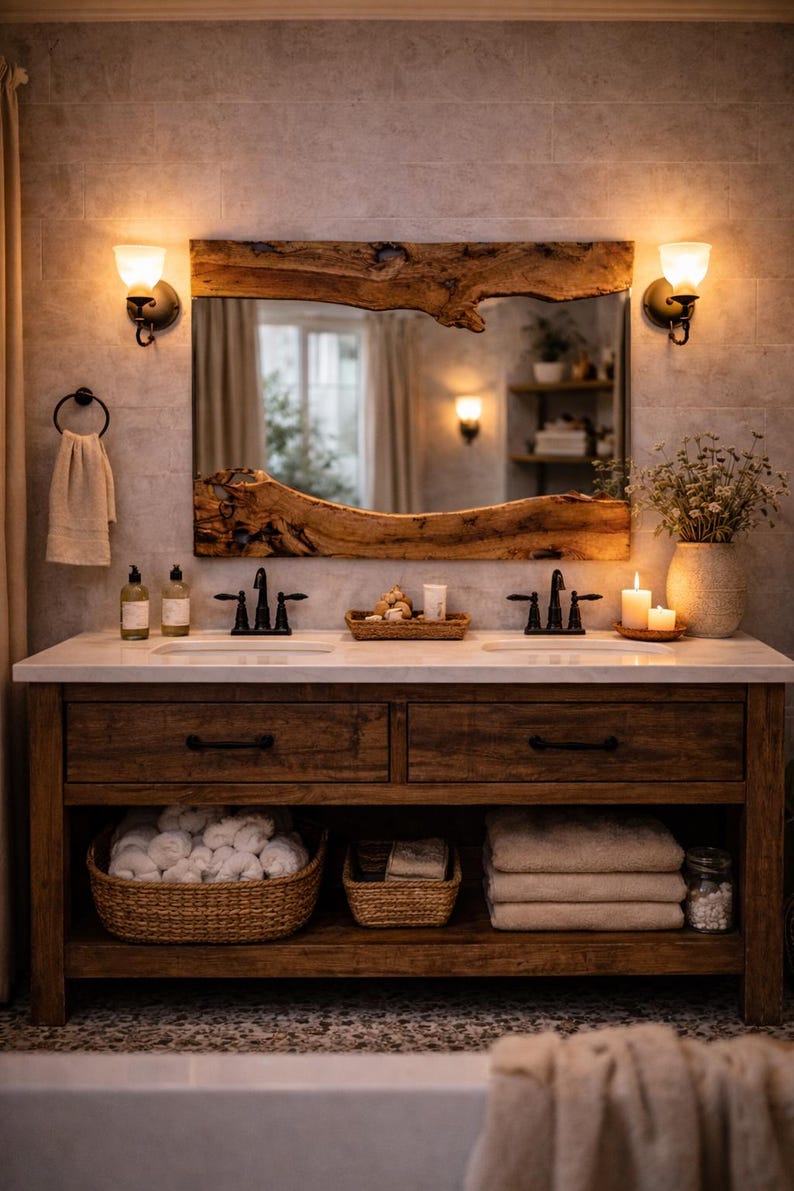 Rustic wall mirror made from natural olive wood adding organic home decor style to interior space