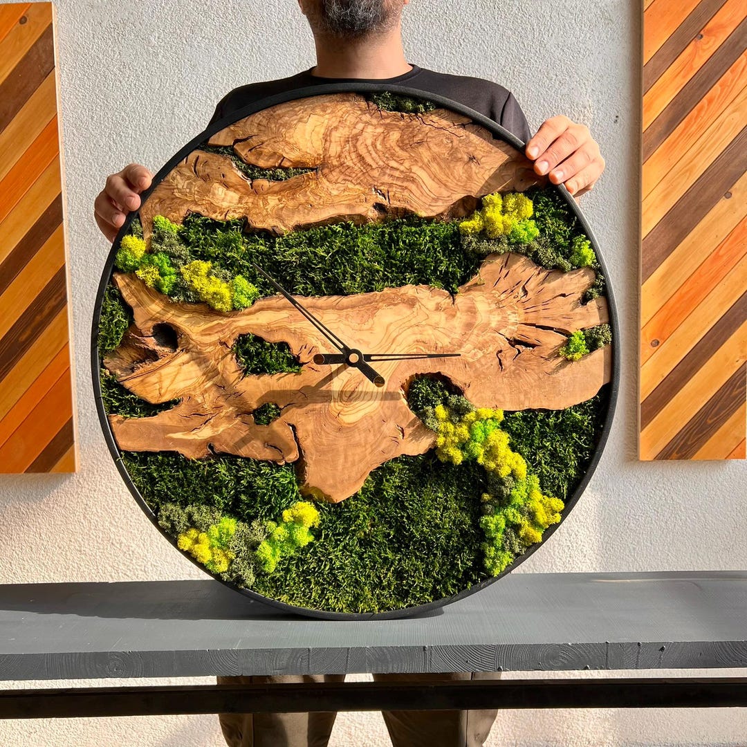 Silent Moss Wall Clock Masterpiece | Live Edge Olive Wood Biophilic Art ...