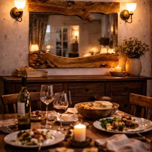 May include: A rustic dining room scene with a wooden table set for a meal. The table is laden with plates of food, wine glasses, and a lit candle. A large wooden mirror hangs above a dark wood sideboard, illuminated by wall sconces.