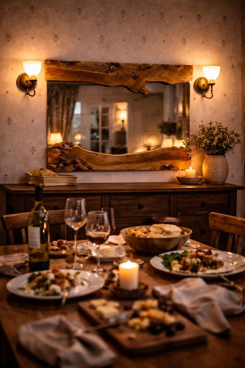 May include: A rustic dining room scene with a wooden table set for a meal. The table is laden with plates of food, wine glasses, and a lit candle. A large wooden mirror hangs above a dark wood sideboard, illuminated by wall sconces.