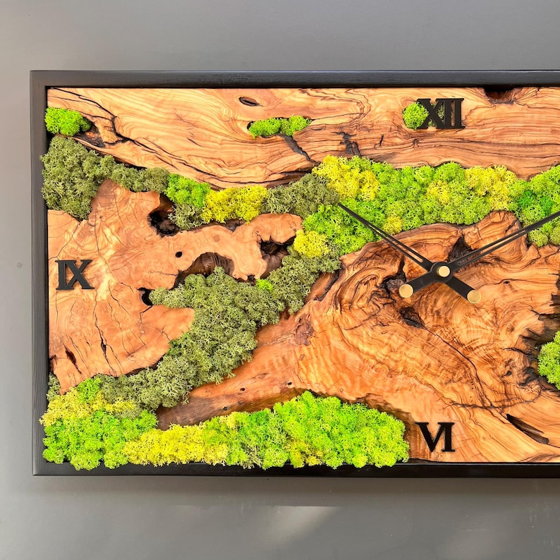 Olive Wood Moss Wall Clock, Rectangular Handmade Wooden Clock Decor - Etsy