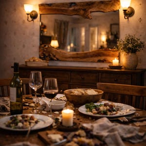 May include: A rustic dining table set for a meal, featuring plates of food, wine glasses, and a lit candle. A wooden mirror hangs above a buffet, illuminated by wall sconces, creating a warm, inviting atmosphere.