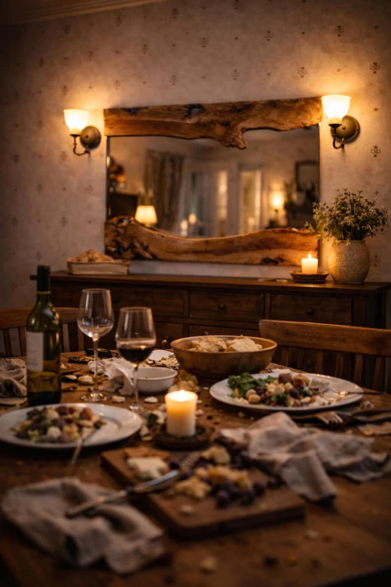 May include: A rustic dining table set for a meal, featuring plates of food, wine glasses, and a lit candle. A wooden mirror hangs above a buffet, illuminated by wall sconces, creating a warm, inviting atmosphere.