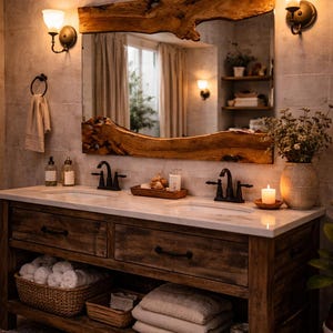 May include: A rustic bathroom vanity with a live-edge wooden mirror. The vanity has a marble countertop, two sinks, and a wooden base with storage. The room is lit by sconces and a candle, creating a warm, inviting atmosphere.