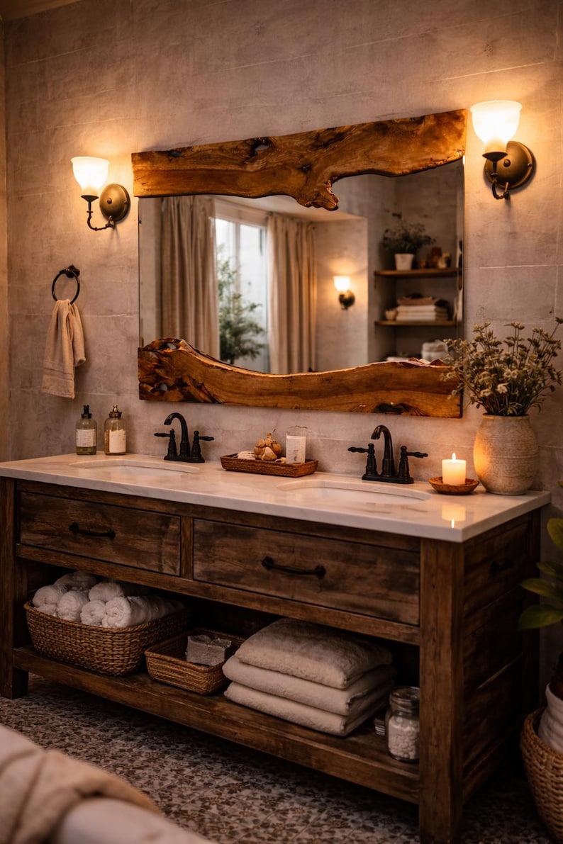 May include: A rustic bathroom vanity with a live-edge wooden mirror. The vanity has a marble countertop, two sinks, and a wooden base with storage. The room is lit by sconces and a candle, creating a warm, inviting atmosphere.