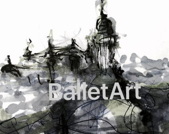 Paris Print, skyline art, architectural print, architectural drawing, paris decor, paris wall art, ballet art, paris painting, architecture