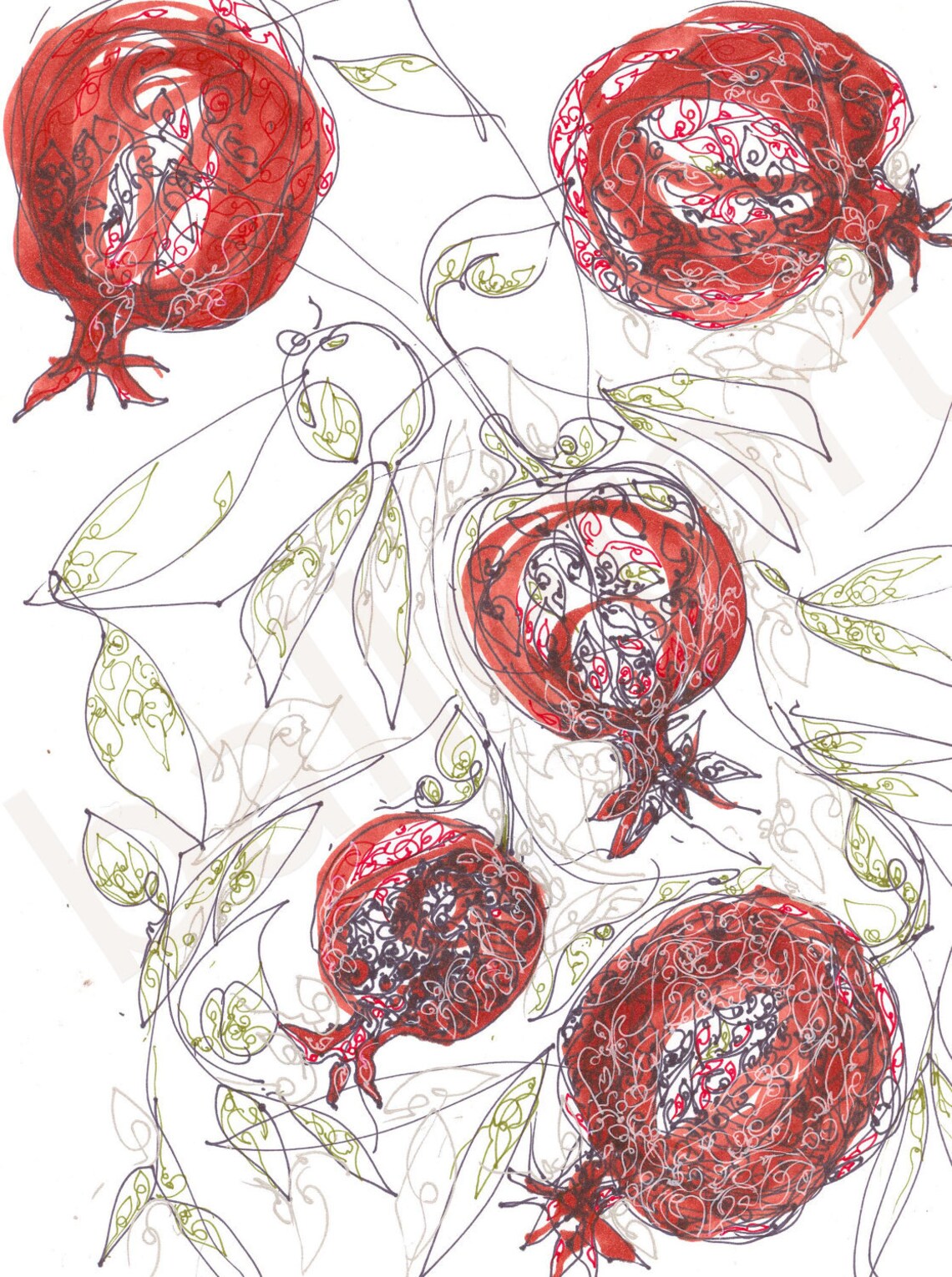 Red Pomegranate Art Ruby Red Art Print, Christmas Gift, Kitchen Art