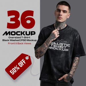 36 T-Shirt Mockup Bundle – Oversized Black Washed Tee PSD JPG PNG Templates Front and Back Views