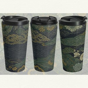 Luxury Japanese Travel Mug | Deep Green, Indigo & Gold Harmony - Traditional Textile for Men's Refined Taste