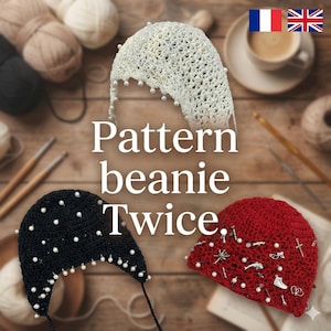 Peut inclure: Trois bonnets crochetés en blanc, noir et rouge, ornés de perles et de breloques. Le bonnet blanc présente un motif en dentelle délicat. L'image comprend le texte "Pattern beanie Twice."