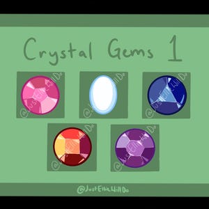 May include: A green card with the text "Crystal Gems 1" and five different coloured gems: pink, white, blue, orange, and purple.
