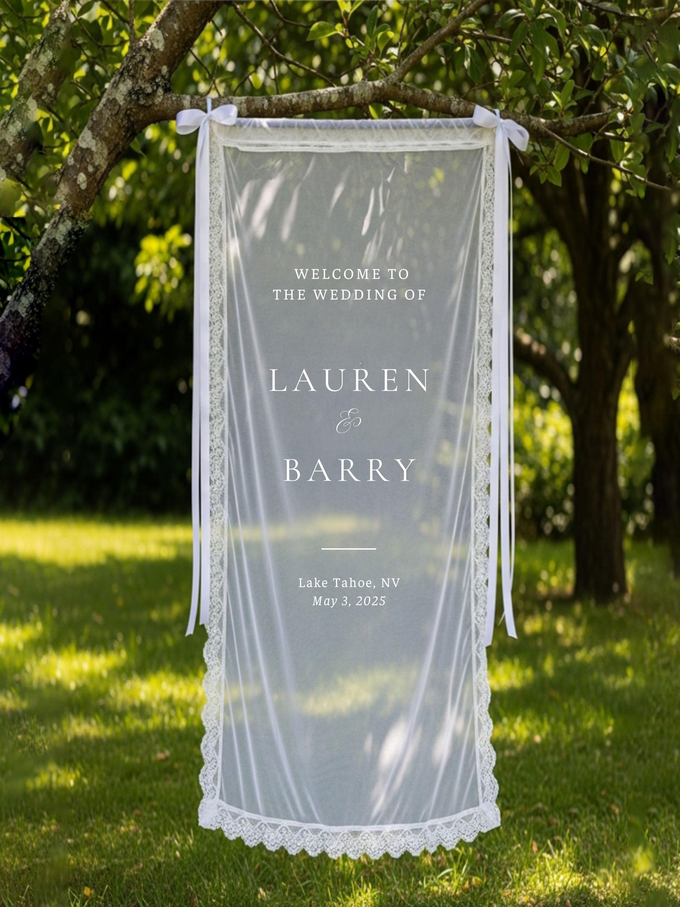 Personalized Lace Wedding Welcome Sign | Custom Tulle whit Lace Edge Wedding Banner | Boho Wedding Welcome Sign | Linen & Sheer Fabric Sig