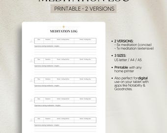 Registro de meditación imprimible: Rastreador de atención plena, reflexión diaria (PDF)