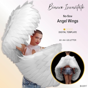 May include: A digital template for no-sew angel wings titled Bianco Incantato. The graphic displays large white layered wings, text indicating A0, A4, and US Letter sizes, and a circular inset showing the wings worn on the back.