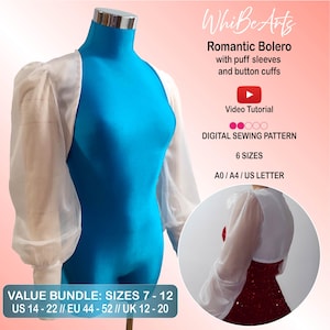 Pode incluir: Um bolero branco transparente com mangas bufantes e punhos com botões é exibido em um manequim azul. A imagem inclui o texto "Romantic Bolero", "Digital Sewing Pattern" e "Video Tutorial". O bolero faz parte de um pacote de valor com tamanhos 7-12.