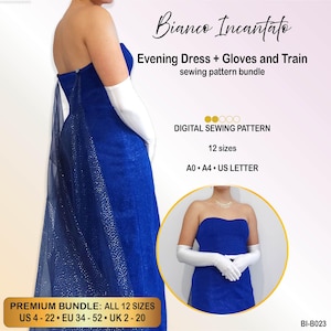 Pode incluir: Um molde de costura digital intitulado Bianco Incantato para um vestido de noite, luvas e cauda. A imagem mostra um vestido azul brilhante sem alças com uma cauda transparente e luvas brancas, disponível em 12 tamanhos para A0, A4 e US Letter.