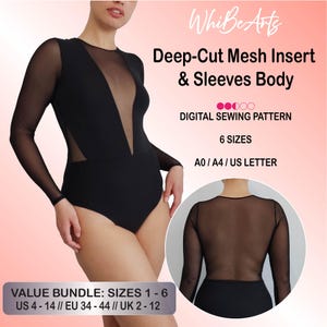 May include: Black bodysuit with a deep V-neck mesh insert and long mesh sleeves. The image includes text that reads "Deep-Cut Mesh Insert & Sleeves Body" and "Digital Sewing Pattern". The bodysuit is available in 6 sizes.