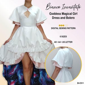 May include: A white dress and bolero set featuring a high-low skirt with a galaxy print lining, scalloped edges, and a pink button closure. Text reads: Bianco Incantato, Goddess Magical Girl Dress and Bolero, DIGITAL SEWING PATTERN, 6 SIZES, A0, A4, US LETTER.