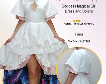 May include: A white dress and bolero set featuring a high-low skirt with a galaxy print lining, scalloped edges, and a pink button closure. Text reads: Bianco Incantato, Goddess Magical Girl Dress and Bolero, DIGITAL SEWING PATTERN, 6 SIZES, A0, A4, US LETTER.