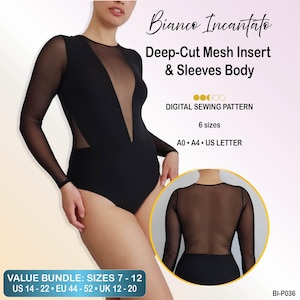 Può includere: Un body nero con maniche lunghe in rete trasparente e un inserto in rete dal taglio profondo sul davanti. Il testo recita Bianco Incantato, Deep-Cut Mesh Insert & Sleeves Body, DIGITAL SEWING PATTERN, 6 sizes, A0, A4, US LETTER, VALUE BUNDLE: SIZES 7-12, US 14-22, EU 44-52, UK 12-20, BI-P036.