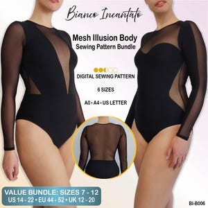 Może przedstawiać: Czarny body z długim rękawem i wstawkami z siateczki, zawierający tekst Bianco Incantato, Mesh Illusion Body Sewing Pattern Bundle, Digital Sewing Pattern, 6 rozmiarów, A0, A4, US Letter oraz Value Bundle: Sizes 7-12, US 14-22, EU 44-52, UK 12-20.