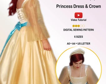 May include: A digital sewing pattern for a princess dress and crown titled Bianco Incantato. The pattern includes 6 sizes, a video tutorial, and formats for A0, A4, and US letter paper. The dress features a gold skirt, sheer sleeves, and a blue sash.