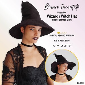 May include: A black poseable wizard or witch hat with a wide brim. The text reads: Bianco Incantato, Poseable Wizard / Witch Hat, Flat or Slanted Brim, DIGITAL SEWING PATTERN, Kid & Adult Sizes, A0 • A4 • US LETTER, and the code BI-C015.