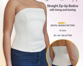 Puede incluir: Un corpiño blanco sin tirantes con cremallera, forro y varillas. Texto: Bianco Incantato, Straight Zip-Up Bodice with lining and boning, DIGITAL SEWING PATTERN, 12 tallas, A0, A4, US LETTER, PREMIUM BUNDLE: ALL 12 SIZES US 4-22, EU 34-52, UK 2-20.