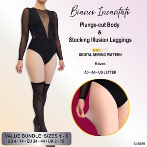Puede incluir: Un body negro de manga larga con escote pronunciado y paneles de malla transparente, combinado con leggings de efecto medias. El texto incluye Bianco Incantato, Plunge-cut Body & Stocking Illusion Leggings, DIGITAL SEWING PATTERN, 6 tallas, A0, A4, US LETTER y VALUE BUNDLE: SIZES 1-6, US 4-14, EU 34-44, UK 2-12.