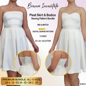 以下が含まれることがあります： Bianco Incantato Pleat Skirt & Bodice Sewing Pattern Bundle。12サイズ展開のデジタル縫製パターン、A0、A4、USレター形式。プリーツスカート、フィットしたボディス、背中のレースアップクロージャーが特徴の白いストラップレスドレスが含まれています。