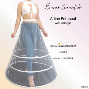 May include: A white A-line petticoat with three horizontal hoops, presented as a digital sewing pattern. The text reads Bianco Incantato, A-line Petticoat with 3 hoops, DIGITAL SEWING PATTERN, 4 SIZES, A0, A4, US LETTER, and BI-P030.