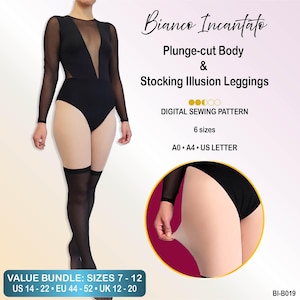 Könnte beinhalten: Ein digitales Schnittmuster für einen schwarzen Body mit tiefem Ausschnitt und langen Ärmeln aus transparentem Netzstoff, kombiniert mit einer Leggings in Strumpfoptik. Der Text lautet Bianco Incantato, Plunge-cut Body & Stocking Illusion Leggings, 6 Größen, A0, A4, US Letter, und Value Bundle: Sizes 7-12, US 14-22, EU 44-52, UK 12-20.