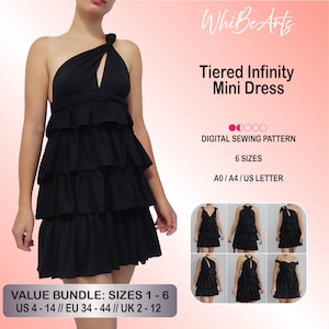 May include: A black tiered infinity mini dress with a one-shoulder design and a keyhole detail. The image includes the text "Tiered Infinity Mini Dress" and "Digital Sewing Pattern". The dress is available in sizes 1-6, US sizes 4-14.