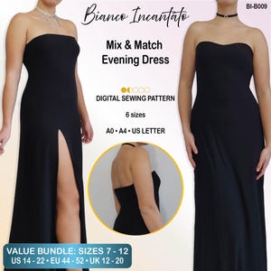 May include: A black strapless evening dress digital sewing pattern labeled Bianco Incantato. The design includes a high leg slit and is available in 6 sizes for A0, A4, and US Letter formats. A value bundle includes US sizes 14-22, EU 44-52, and UK 12-20.
