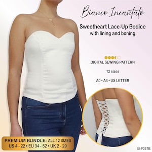 May include: A white sweetheart lace-up bodice with lining and boning, presented as a digital sewing pattern in 12 sizes. The design includes a front view and a circular inset showing the back lace-up detail. Text includes Bianco Incantato.