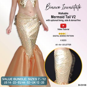 Op de afbeelding: Een gouden zeemeerminstaartkostuum met een schubbenpatroon en doorschijnende perzikkleurige vinnen. Tekst bevat Bianco Incantato, Walkable Mermaid Tail V2, Video Tutorial, Digital Sewing Pattern, 6 maten, A0, A4, US Letter en Value Bundle maten 7-12.