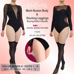 May include: Black mesh illusion body and stocking leggings sewing pattern bundle. The image shows a black bodysuit with mesh detailing and long sleeves, paired with black thigh-high stockings. The text on the image says "Mesh Illusion Body & Stocking Leggings Sewing Pattern Bundle".