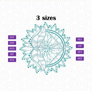 Può includere: Un file di ricamo con un design di mandala color turchese e bianco disponibile in 3 dimensioni. I formati di file inclusi sono DST, EXP, HUS, JEF, PCS, PES, VIP, VP3 e XXX.