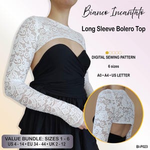 Puede incluir: Un patrón de costura digital para un top bolero de encaje blanco de manga larga titulado Bianco Incantato. El patrón incluye 6 tallas, formatos A0, A4 y US Letter. Hay un paquete disponible para tallas US 4-14, EU 34-44 y UK 2-12.