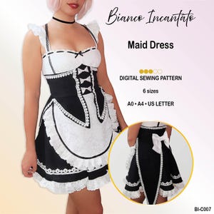 May include: A black and white maid dress digital sewing pattern featuring a bodice with white ruffles, black bows, and a white apron with lace trim. The text reads Bianco Incantato, Maid Dress, DIGITAL SEWING PATTERN, 6 sizes, A0, A4, US LETTER, BI-C007.