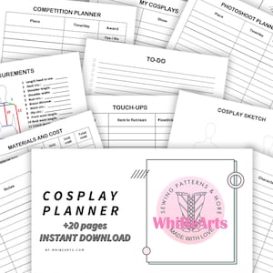 May include: A printable cosplay planner with over 20 pages, including sections for makeup, measurements, materials, cost, bag checklist, competition planner, photoshoot planner, to-do list, touch-ups, cosplay sketch, my cosplays, my wigs, and planned cosplays.