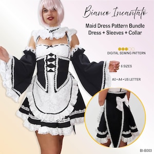 May include: A black and white maid dress pattern bundle featuring a dress, sleeves, and collar. Text includes Bianco Incantato, Maid Dress Pattern Bundle, Digital Sewing Pattern, 6 Sizes, A0, A4, US Letter, and BI-B003. The dress has lace trim.