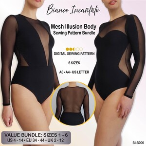 Może przedstawiać: Wykrój krawiecki na czarne body o nazwie Bianco Incantato Mesh Illusion Body. Projekt posiada długie rękawy i przezroczyste wstawki z siateczki. Zawiera 6 rozmiarów, formaty A0, A4 i US Letter. Rozmiary US 4-14, EU 34-44 oraz UK 2-12.