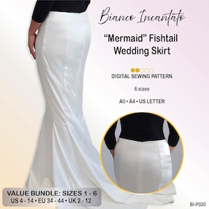 Peut inclure: Un patron de couture numérique pour jupe de mariée sirène blanche intitulé Bianco Incantato. L'image montre la jupe en vue intégrale et un gros plan sur la fermeture éclair arrière, avec du texte pour 6 tailles, formats A0, A4 et US letter.