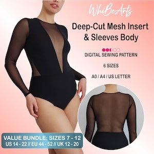 Puede incluir: Body negro con una inserción de malla de corte profundo y mangas largas de malla. La imagen incluye el texto "Deep-Cut Mesh Insert & Sleeves Body" y "DIGITAL SEWING PATTERN". La imagen también incluye el texto "6 SIZES" y "VALUE BUNDLE: SIZES 7-12 US 14-22 // EU 44-52 // UK 12-20".